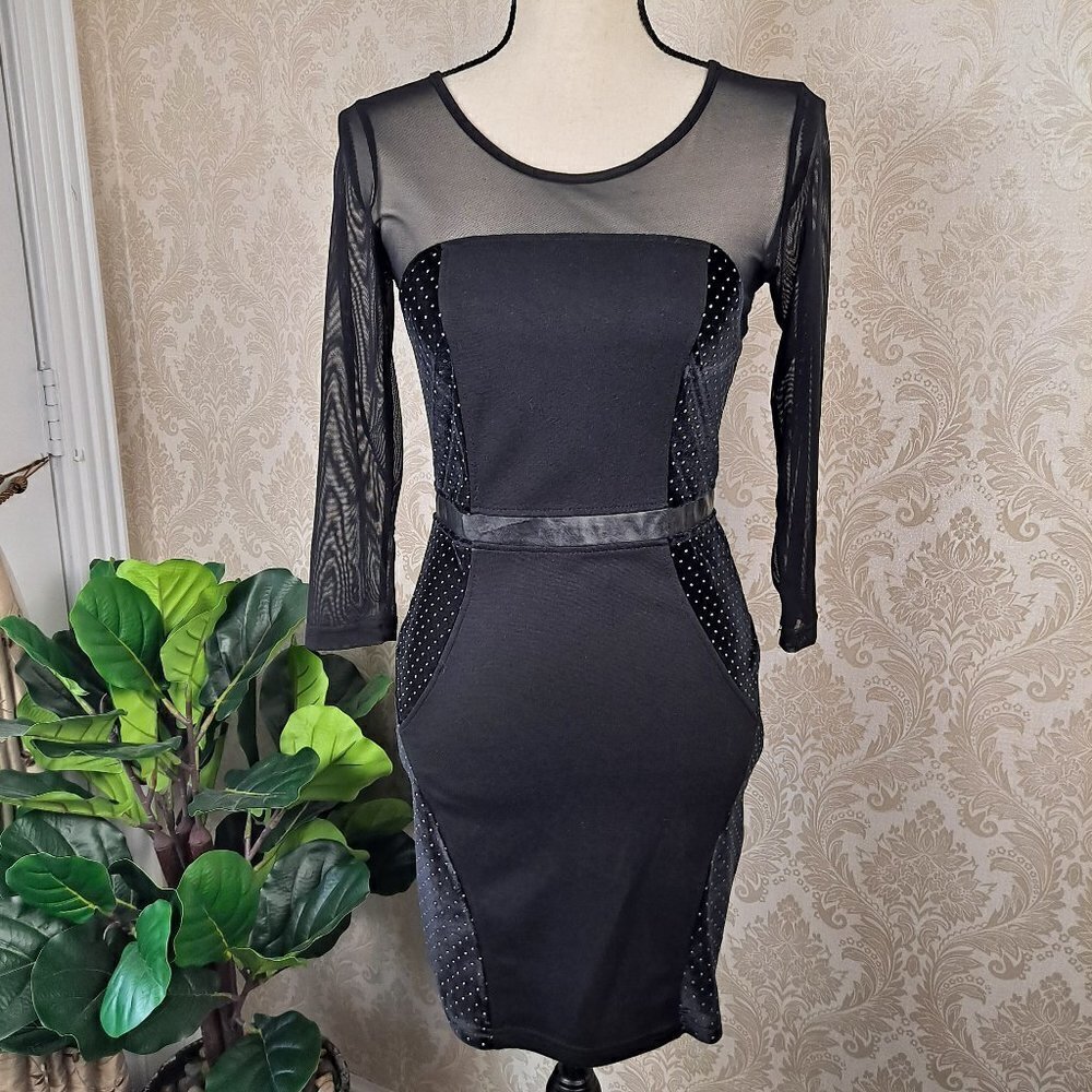 MinkPink Size Small Black BodyCon Dress Mixed Materials Sheer/Velvet/Studded